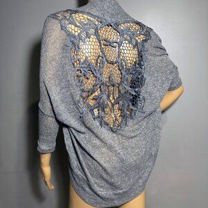 Gray Open-Front Cardigan with Crochet Lace Back – Boho Chic Layering Piece